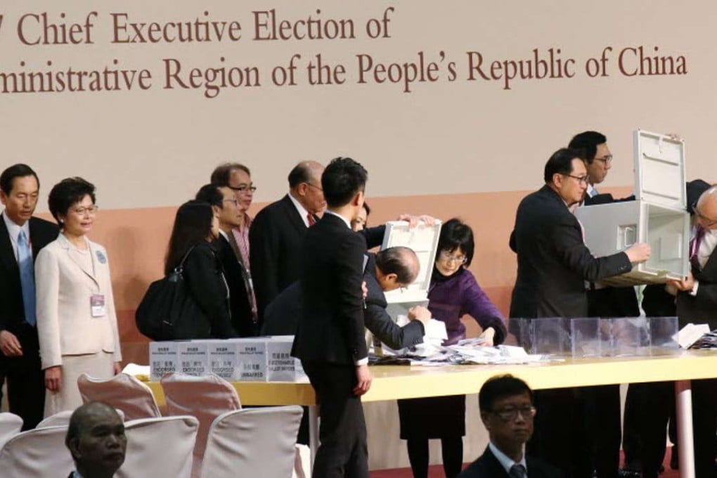 Ballots for Hong Kong’s chief executive election being sorted in Wan Chai on Sunday. Photo: Sam Tsang