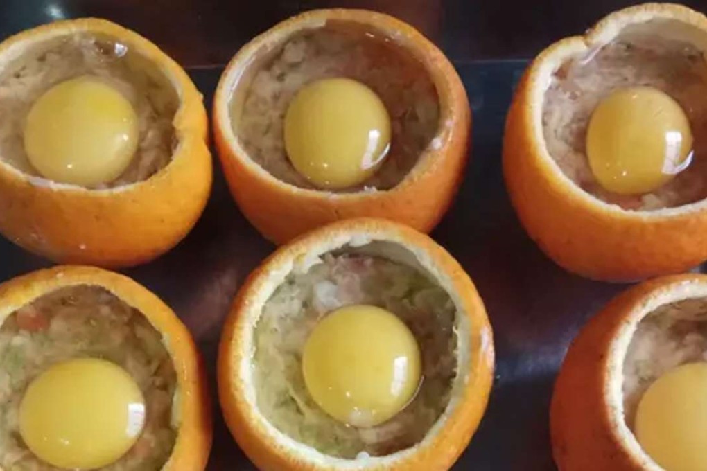 The recipe calls for steaming a minced pork, celery and carrot mixture under an egg. Photo: Handout