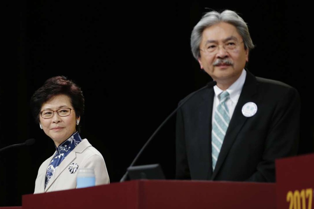 Chief executive-elect Carrie Lam and John Tsang at the 2017 election forum last month.