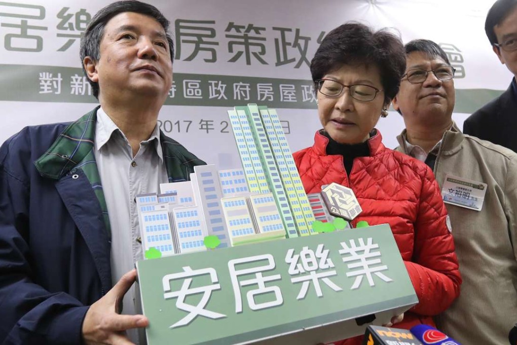 Then chief executive hopeful Carrie Lam with Wong Kwun (left), chairman of the Federation of Public Housing Estates, in Kwun Tong on February 18. In her election platform, Lam pledged to improve access to housing, including for first-time homebuyers in the “sandwich class” who are ineligible for public housing. Photo: Edward Wong