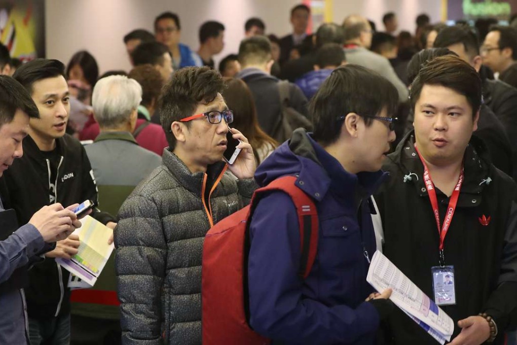 Potential buyers visit the sales office of The Pavilia Bay in Tsuen Wan in January. Photo: Edward Wong