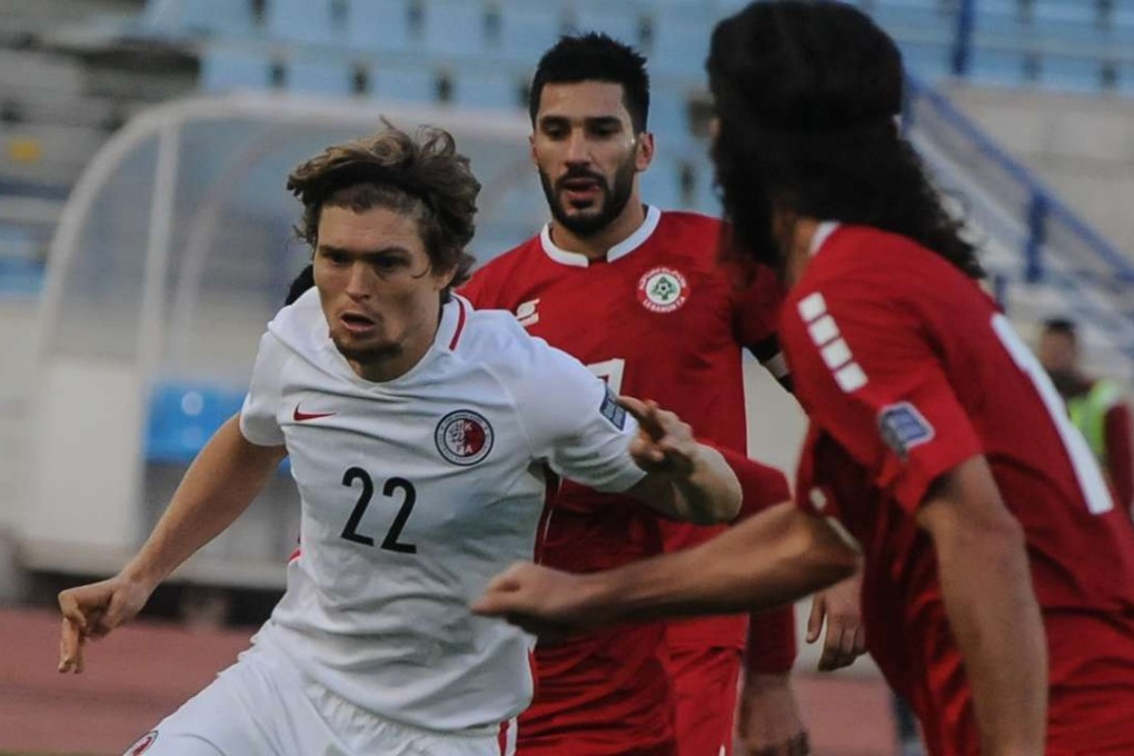 Hong Kong’s Jaimes McKee in action against Lebanon. Photos: HKFA