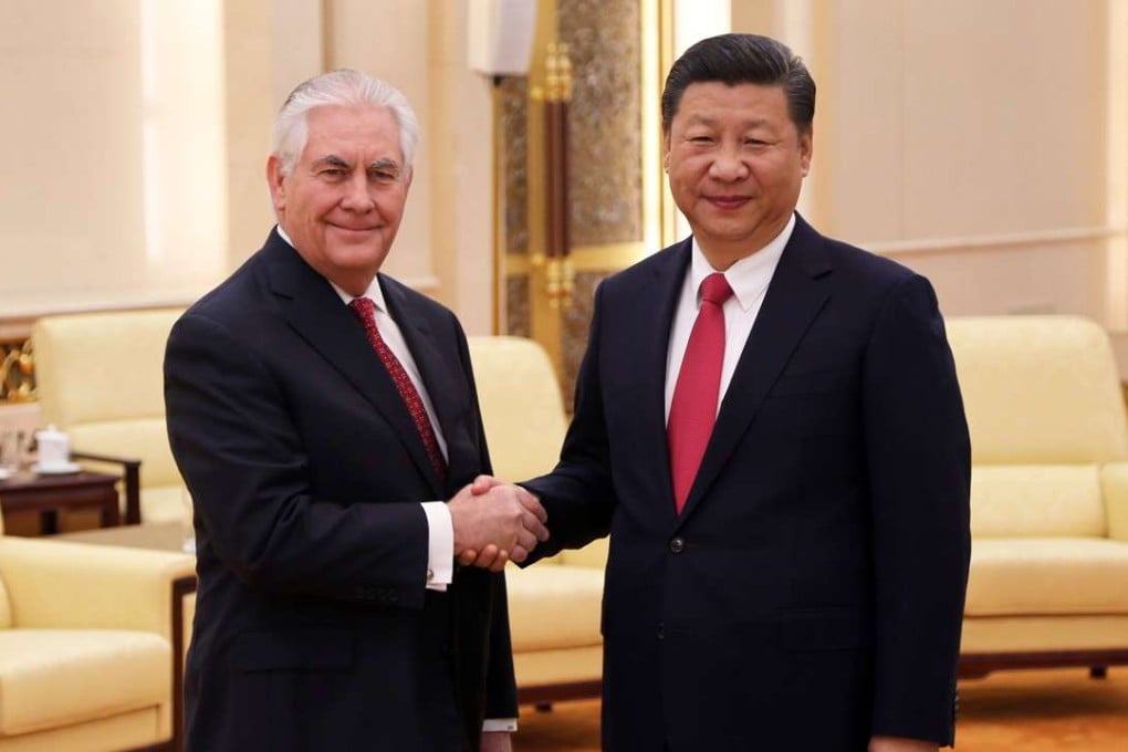 US Secretary of State Rex Tillerson is welcomed by Chinese President Xi Jinping before their bilateral meeting at the Great Hall of the People in Beijing on March 19. Photo: Zuma Press