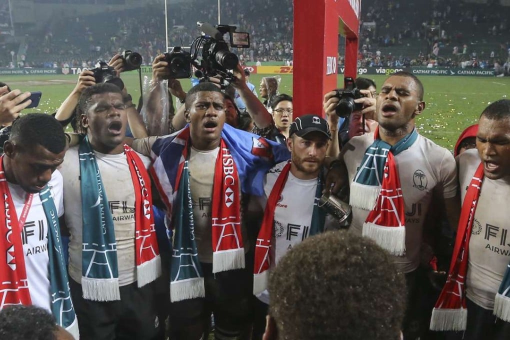 Fiji celebrate their win over New Zealand at the 2016 Hong Kong Sevens. Photo: Sam Tsang