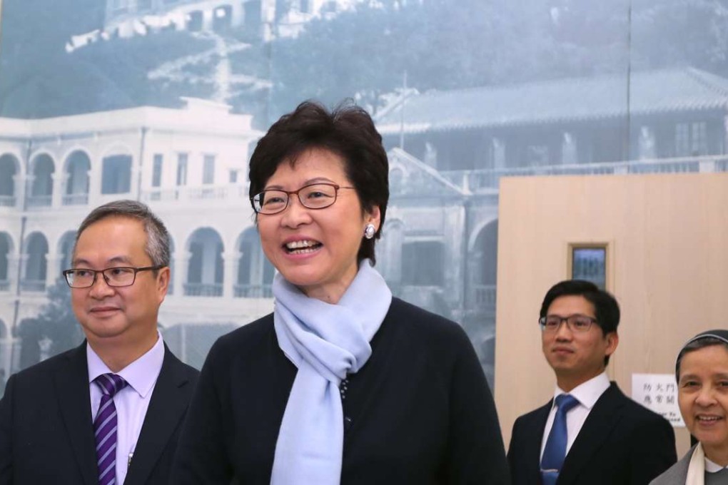 Carrie Lam joined a gathering made up of the school’s nuns, alumnae and dozens of students in a visit to St Francis’ Canossian College on Thursday. Photo: Edward Wong