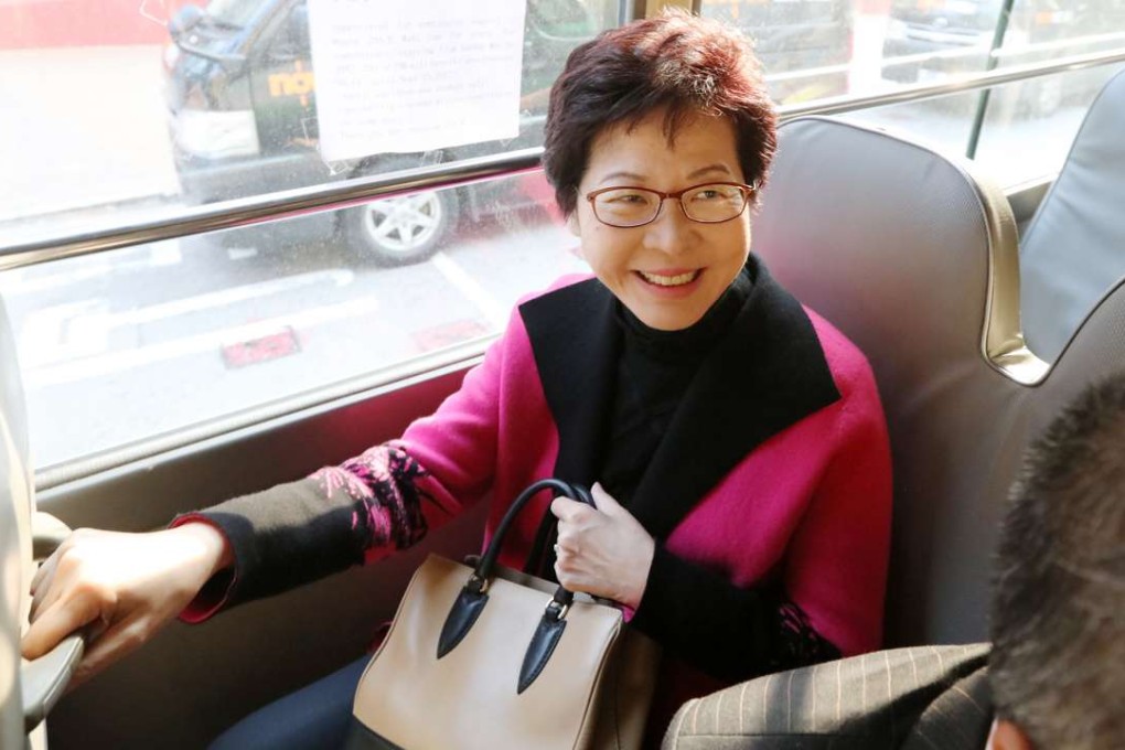 Chief executive-elect Carrie Lam arrives in Kowloon Tong on a minibus for her interview last week at Commercial Radio. Photo: Felix Wong