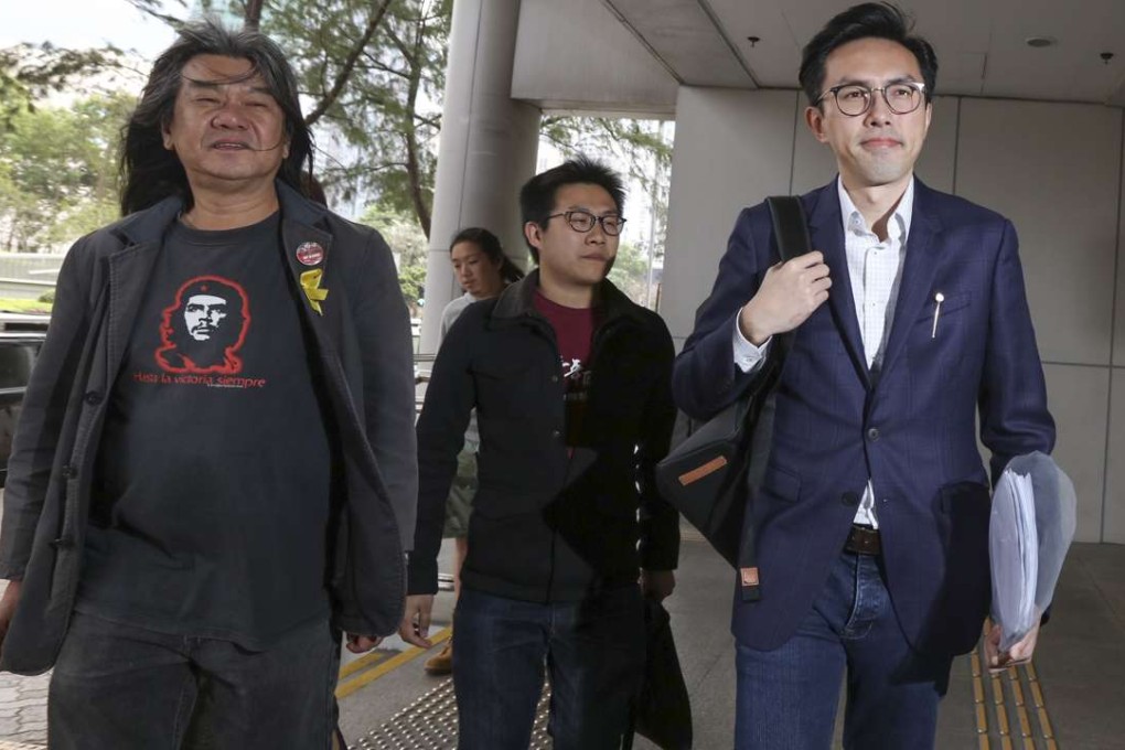 League of Social Democrats chairman Avery Ng (right) outside Eastern Court with party colleagues. Photo: Felix Wong