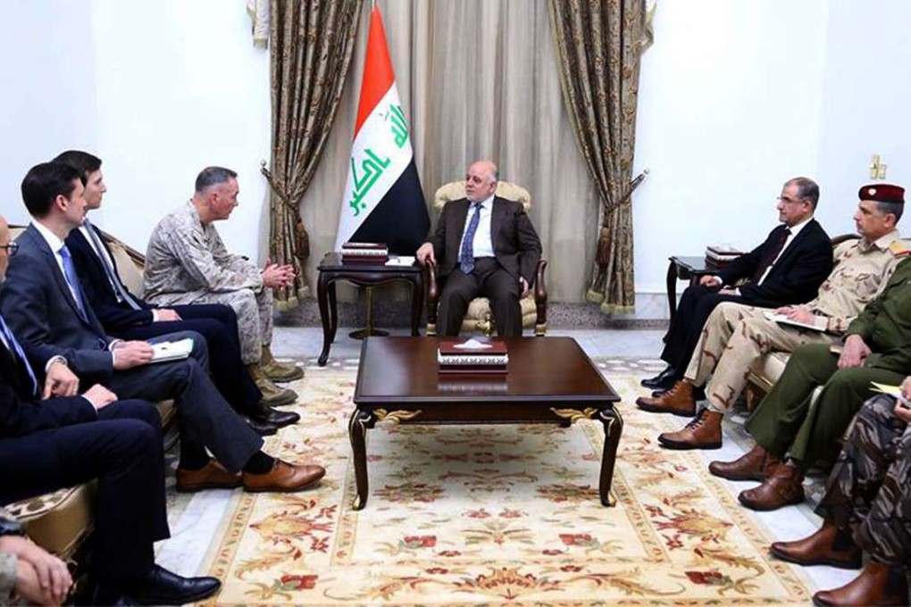 Iraqi Premier Haidar al-Abadi(centre) and members of his government (right) meeting with members of US delegation, including Jared Kushner, senior adviser to US President Donald Trump. Photo: AFP