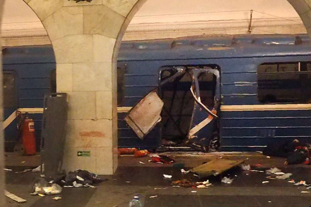 A wrecked train carriage at Technological Institute metro station in Saint Petersburg. Photo: AFP