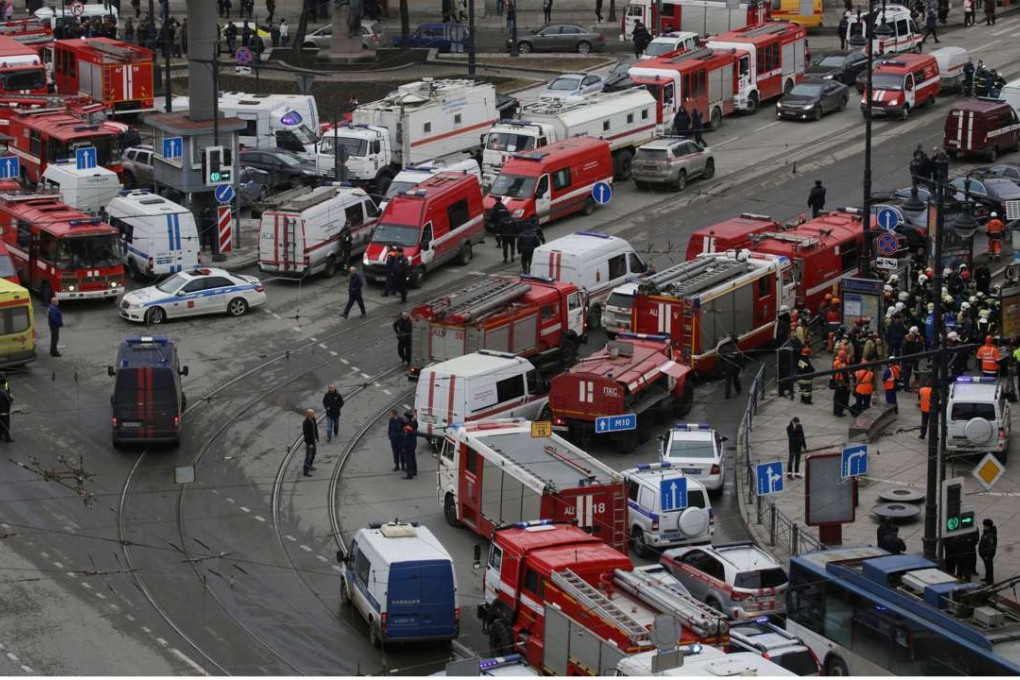 Emergency services outside Sennaya Ploshchad metro station, following an explosion in a train carriages in St Petersburg, Russia. Photo: Reuters