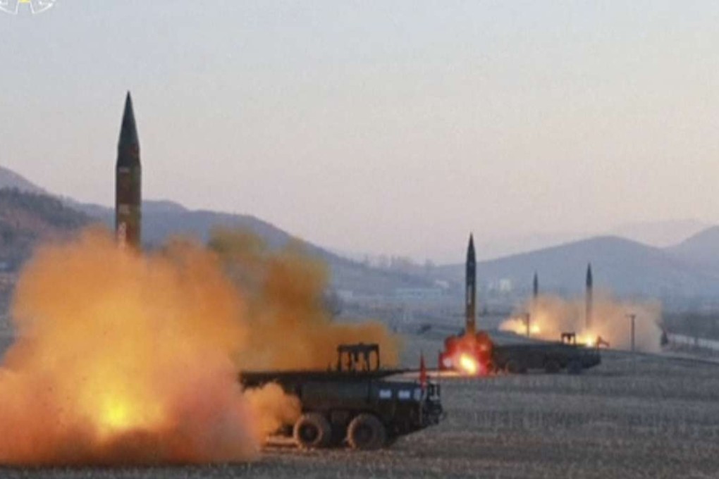 A file image released on March 17 shows the launch of four missiles from an undisclosed location in North Korea. Another missile launch took place in North Korea on Wednesday morning. Photo: AP