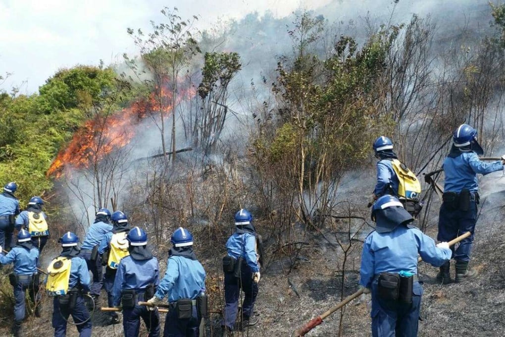 Firefighters battle a hill fire near Wang Chau in the New Territories. Photo: Facebook