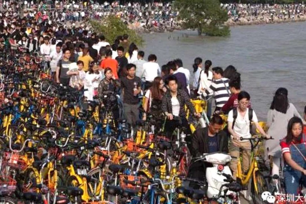 Visitors to Shenzhen Bay Park on Monday find it difficult to get past the crowd of cyclists and unattended bikes. Photo: Handout