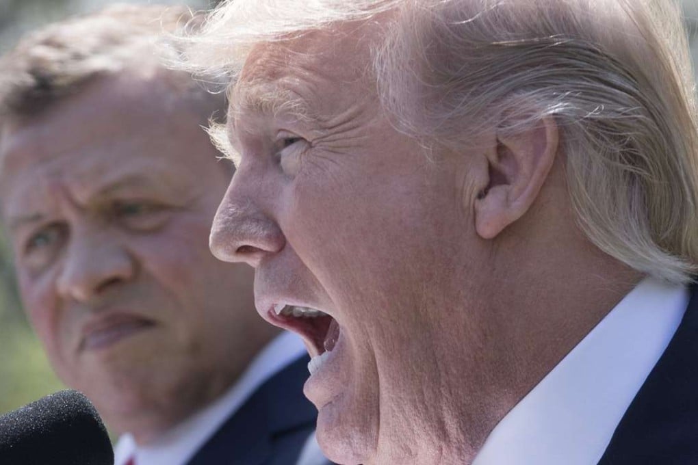 US President Donald J. Trump (front) and King Abdullah II of Jordan hold a joint news conference in the Rose Garden of the White House in Washington on Wednesday. Trump addressed issues including the recent gas attack in Syria. Photo: EPA