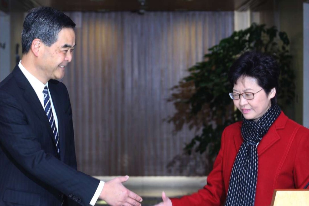 Chief executive-elect Carrie Lam Cheng Yuet-ngor (right) has recorded a higher popularity rating than her predecessor Leung Chun-ying (left), according to the latest HKU opinion poll. Photo: Felix Wong