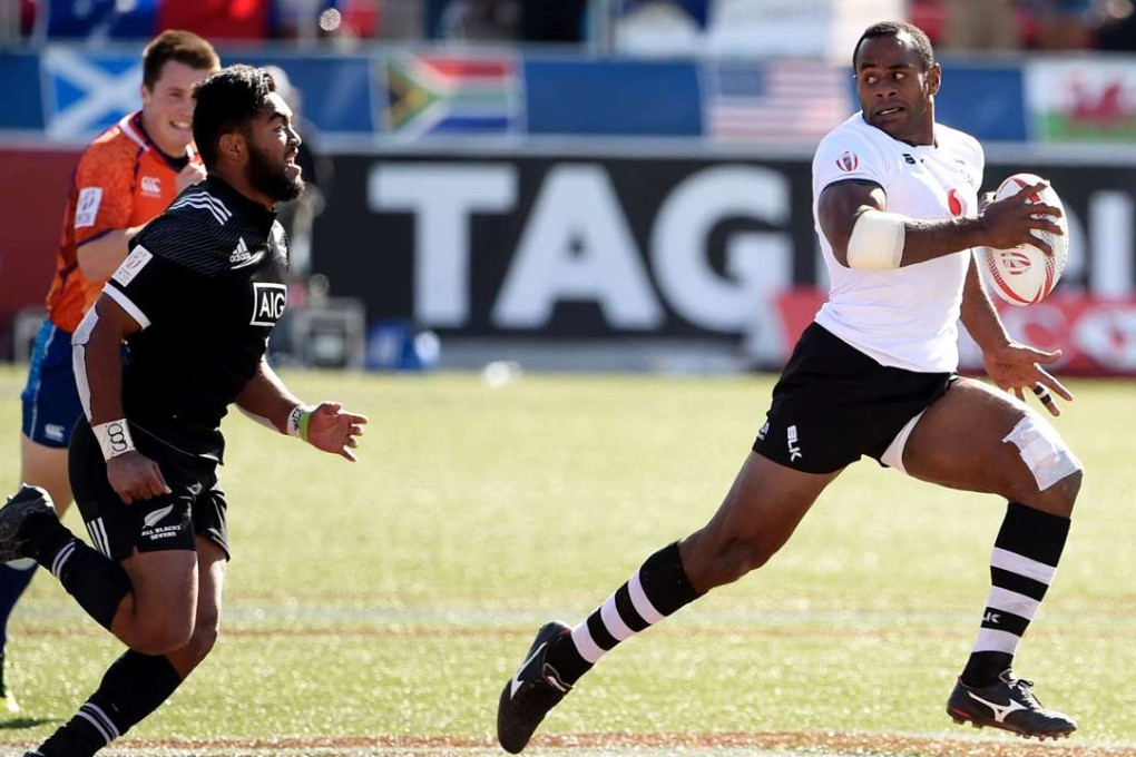 Players like Fiji’s Joeli Lutumailagi (right) are benefitting from new rules in the World Rugby Sevens Series that promote entertaining play. Photo: AFP