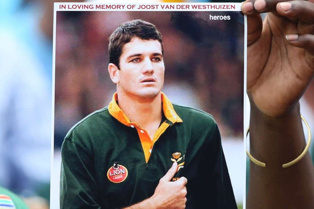 A portrait of Joost van der Westhuizen during a memorial service at Loftus rugby stadium in February. Photo: AFP