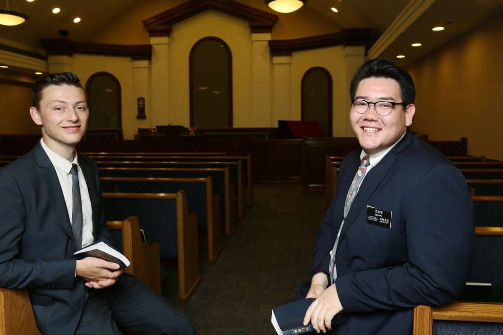 Elders Nathan Colton Sargent (left) and Aiden Kade Earls at the Church of Jesus Christ of Latter-day Saints in Wan Chai. Photo: Xiaomei Chen