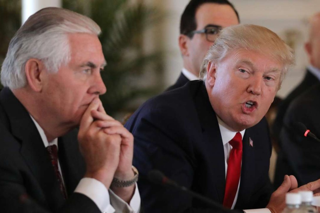 US President Donald Trump with Secretary of State Rex Tillerson during a bilateral meeting with China's President Xi Jinping at Trump's Mar-a-Lago estate. Photo: Reuters