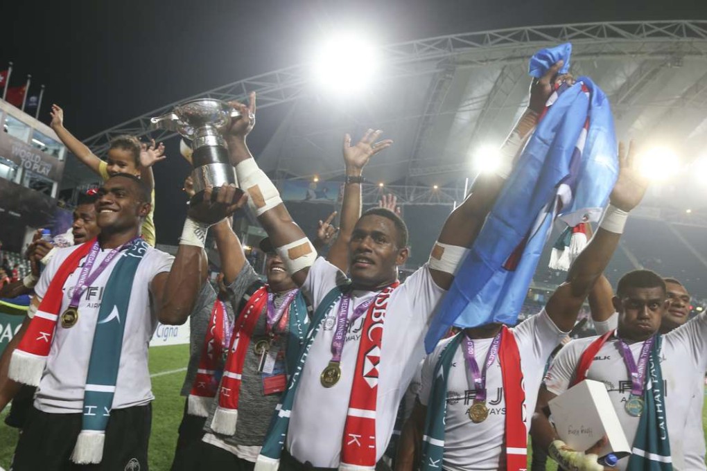 Fiji celebrate their victory against South Africa at the 2017 Hong Kong Sevens. Photo: K. Y. Cheng
