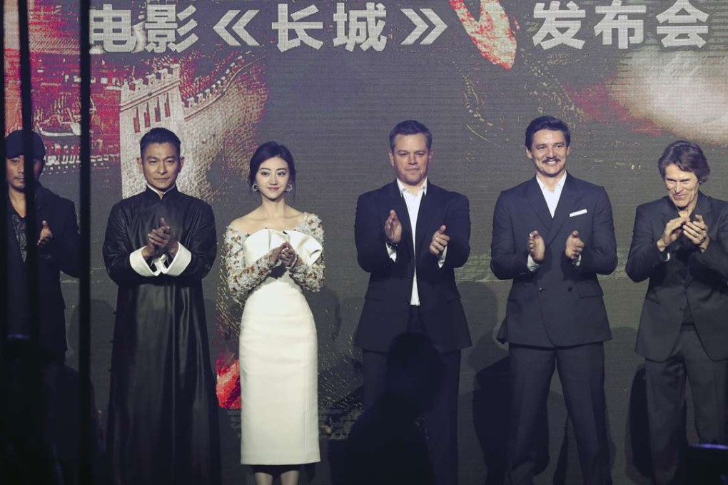 The Great Wall, co-produced by Wanda and Legendary, had a US$150 million production budget. The actors and actress from right are Willem Dafoe, Pedro Pascal, Matt Damon, Jing Tian, Andy Lau and Zhang Hanyu. Photo: AP
