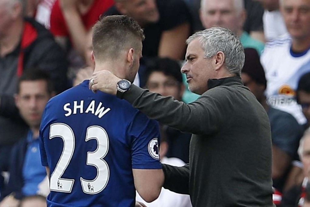 Manchester United's Luke Shaw is congratulated by manager Jose Mourinho as he is substituted. Photo: Reuters