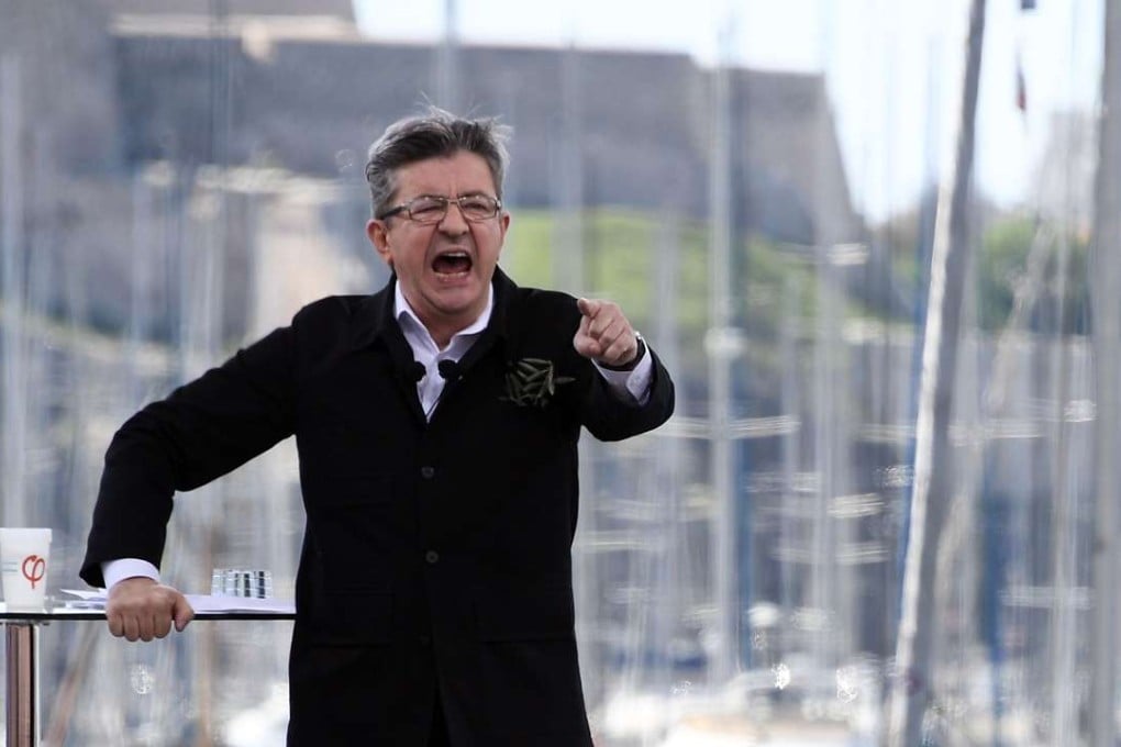 French presidential election candidate Jean-Luc Melenchon addresses a rally in Marseille, southern France, on Sunday. Photo: AFP