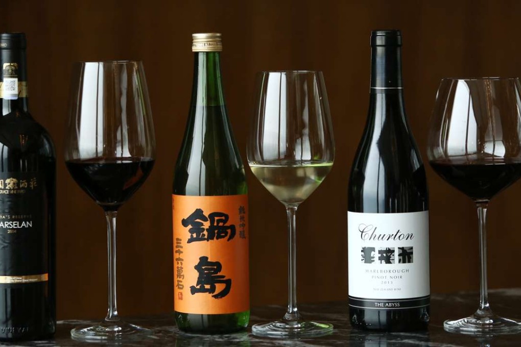(From left): Grace Vineyard Tasya's Reserve Marselan; Nabeshima sake; and Churton Marlborough Pinot Noir - all from Hotel Icon’s Above & Beyond. Wine lovers will be able to sample a selection of Asian wines at Hotel Icon’s Asian Wine Festival on April 19. Photo: Jonathan Wong