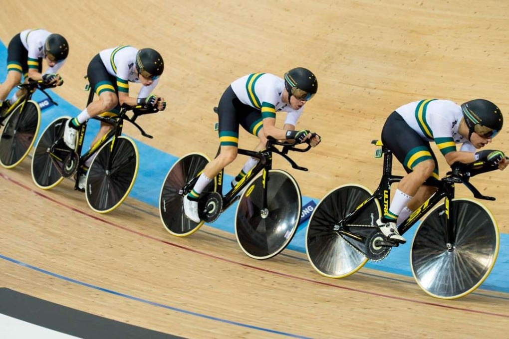 The Australian men’s team pursuit in action in the qualifying heats at the UCI Track Cycling World Championships at Tseung Kwan O Velodrome. Photo: AFP