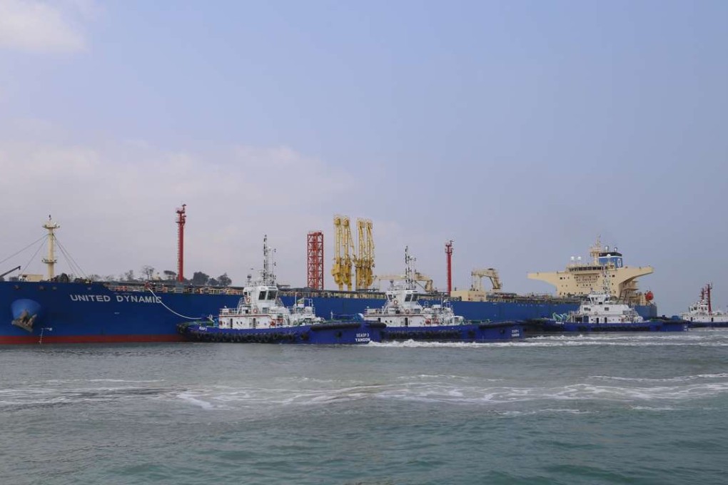 A Suezmax tanker enters Made Island oil port in Myanmar, to offload crude for the pipeline. Photo: Xinhua