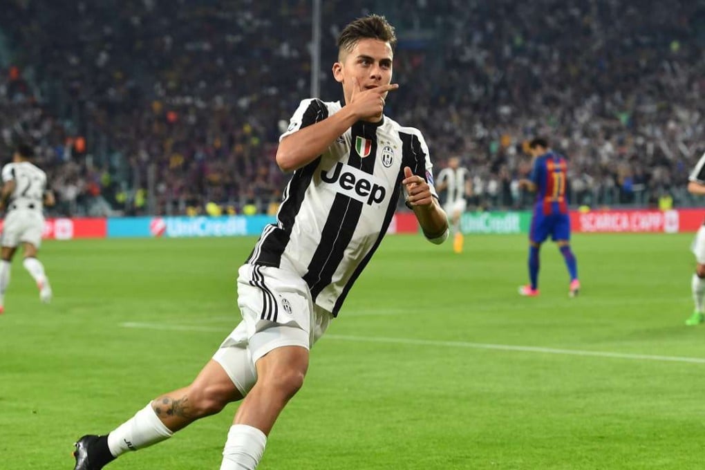 Juventus Paulo Dybala celebrates after scoring against Barcelona. Photo: AFP