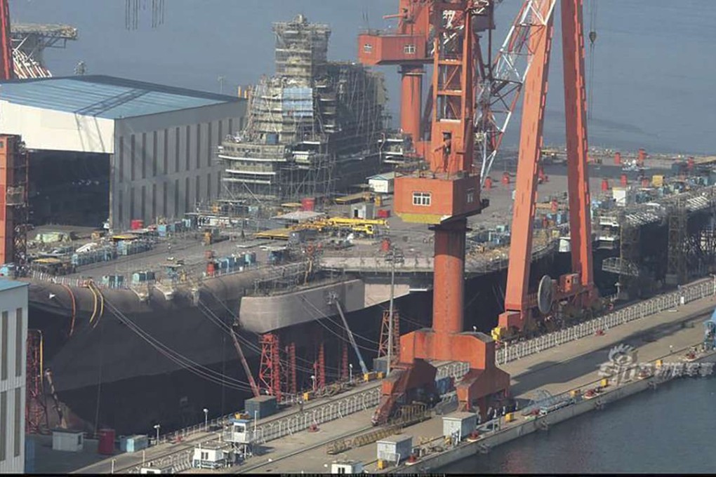Construction work underway on China’s first home-built aircraft carrier in Dalian. Photo: Handout
