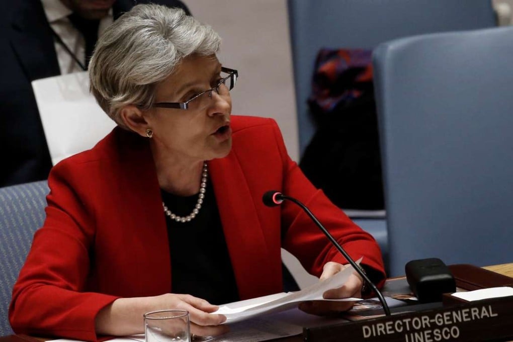 Irina Bokova, Director General of UNESCO, addresses the United Nations Security Council after the Council voted to adopt a resolution on the protection of cultural heritage in armed conflict at UN headquarters in New York City. Photo: Reuters