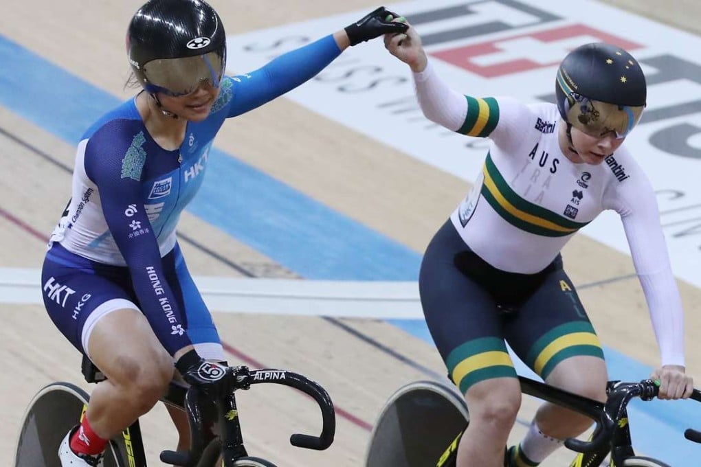 Hong Kong's Sarah Lee in a sporting gesture with Australia’s Kaarle McCulloch, after beating McCulloch in the quarter-finals of the women’s sprint at the Track Cycling World Championships. Photo: Edward Wong
