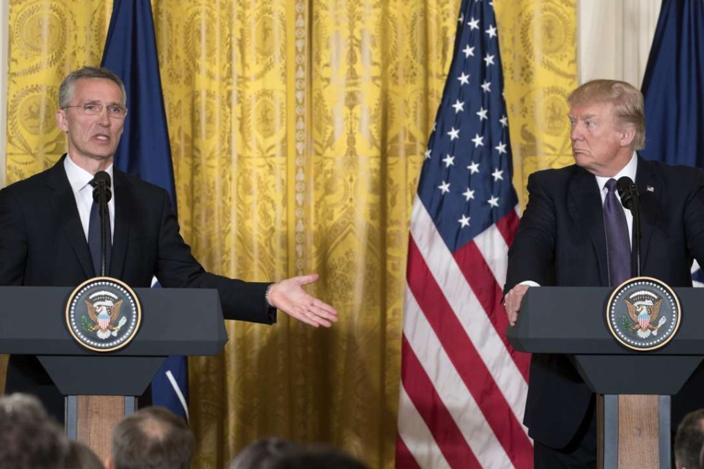 US President Donald J. Trump (R) and Nato Secretary General Jens Stoltenberg (L) participate in a joint press conference in the East Room of the White House in Washington. Trump urged the alliance to meet its defence spending obligations. Photo: EPA