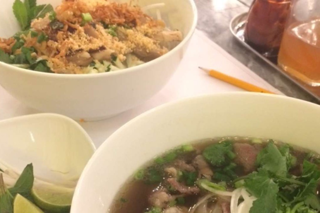 This image shows raw beef pho with scallions, onions and coriander (front) and cold vermicelli with lemon grass chicken, carrot, cucumber, fresh coriander and peanuts. Photo: Julia Hollingsworth