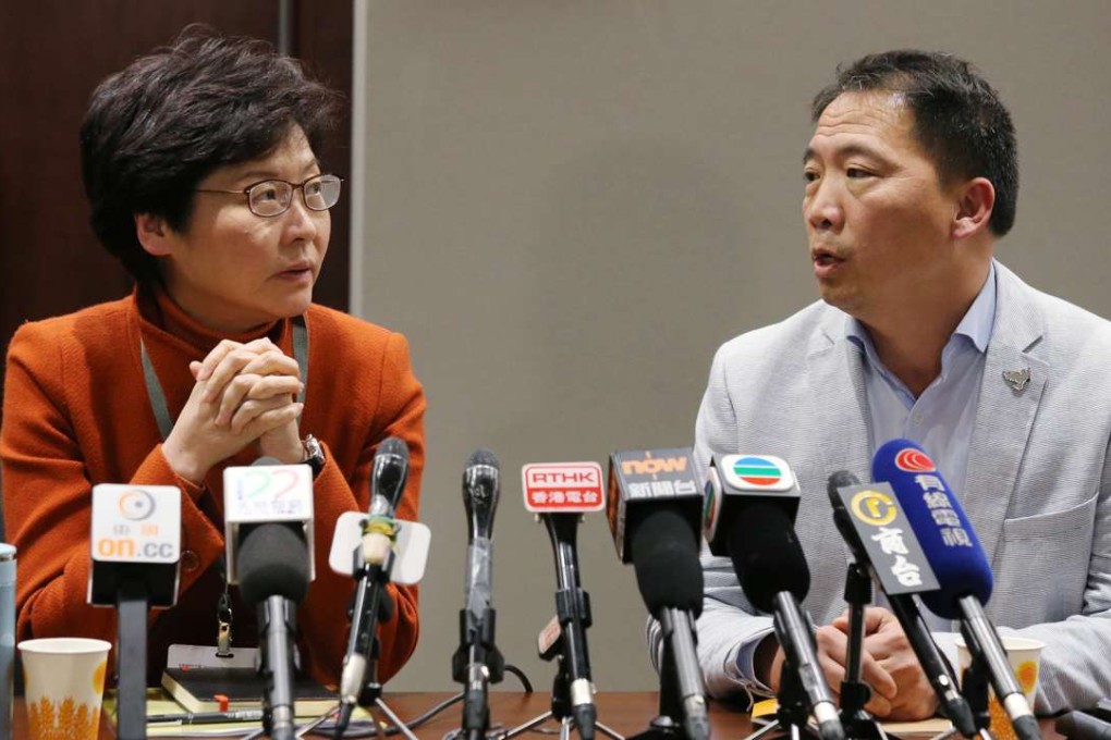 Then chief-executive hopeful Carrie Lam and Wu Chi-wai, chair of the Democratic Party, meet at the Legislative Council in Tamar on February 9. Lam won the March 26 chief executive election with 777 votes. Photo: Dickson Lee