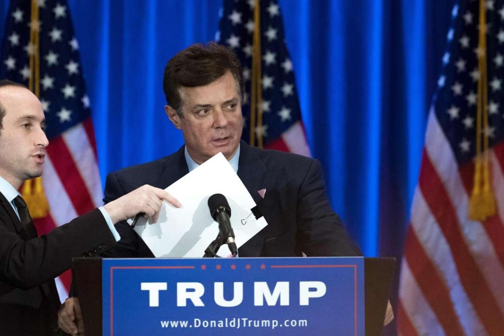 This file photo taken on June 22, 2016, shows Trump campaign chairman Paul Manafort checking the podium before Donald Trump speaks at an event in New York City.Photo: AFP