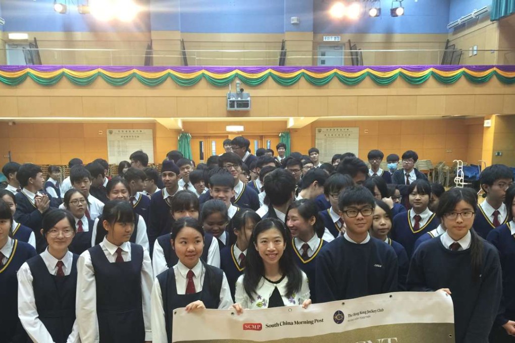 Hong Kong pianist Colleen Lee (centre) spoke to Form Five students at Heung To Secondary School. Photo: Xiaomei Chen