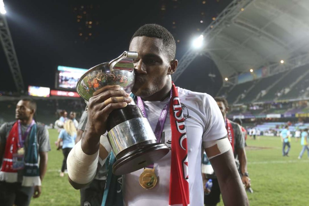 Fiji’s Setareki Bituniyata celebrates winning the Hong Kong Sevens. Photo: K.Y. CHENG