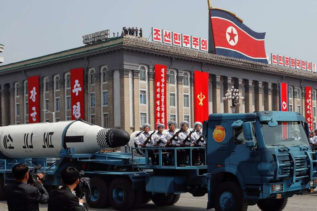 Displaying the Pukkuksong-1 sub-launched missile during yesterday’s parade to mark the birthday of the late Kim Il-sung. Photo: Reuters