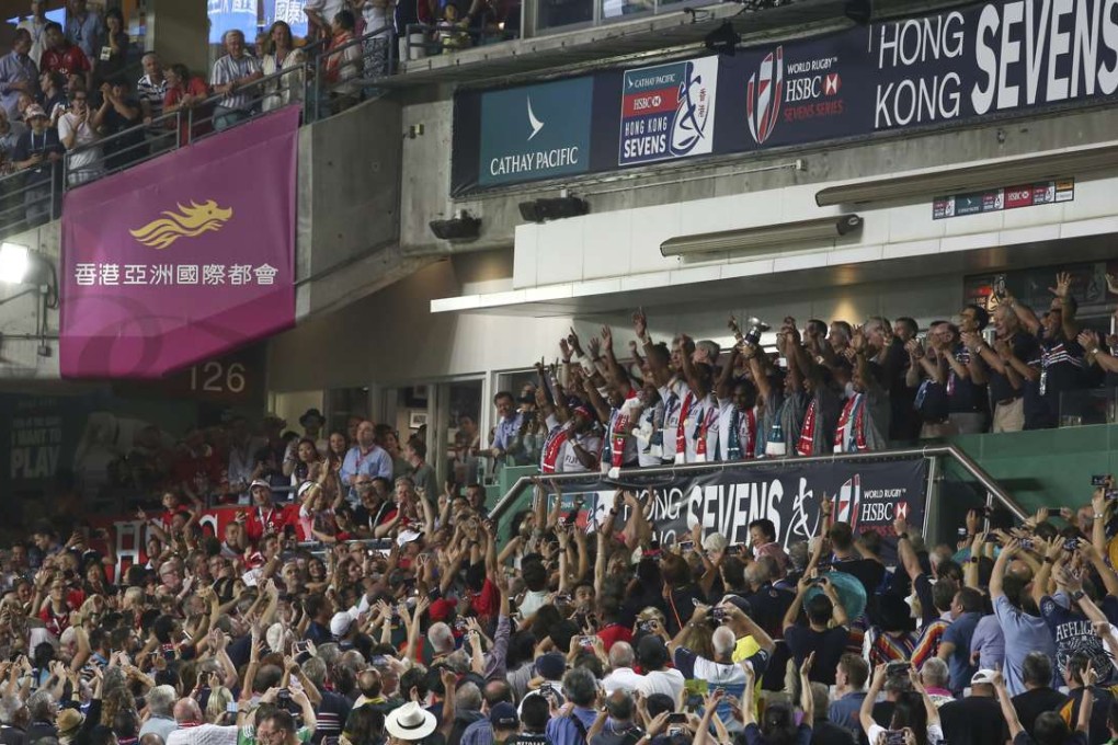 Fiji celebrates the victory against South Africa at the 2017 Hong Kong Sevens. Photo: Jonathan Wong