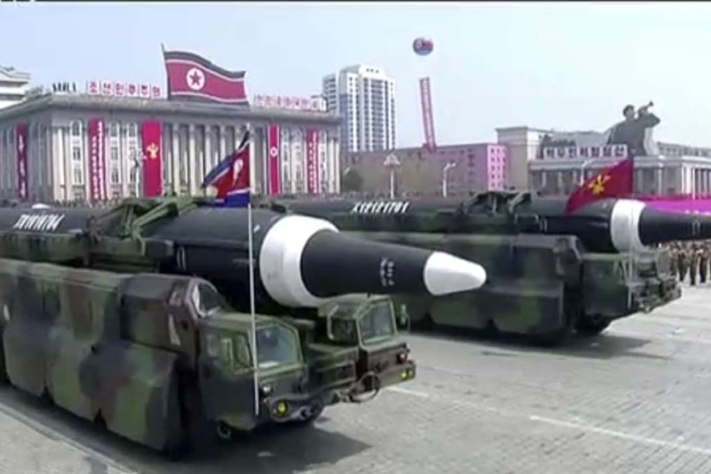 Missiles are paraded in Pyongyang on Saturday to celebrate the birthday of North Korean founder Kim Il-sung. Photo: AP