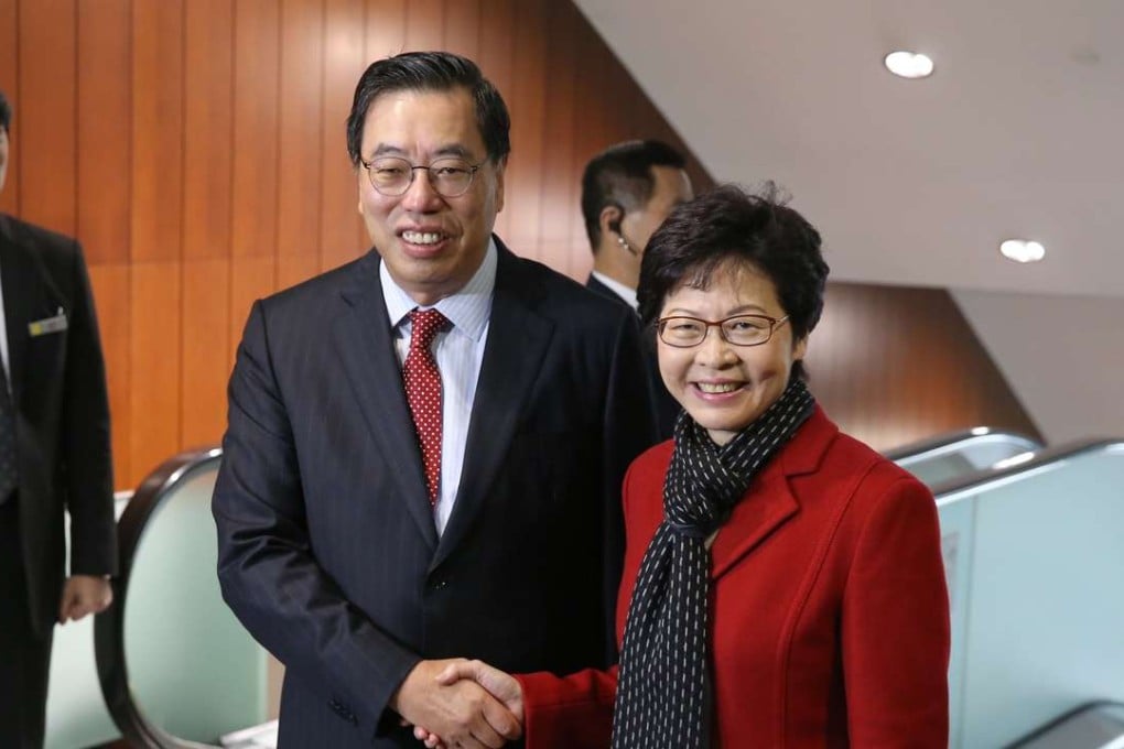 Legislative Council president Andrew Leung Kwan-yuen meets Chief executive-elect Carrie Lam Cheng Yuet-ngor at the Legco Building in Tamar. Photo: Sam Tsang