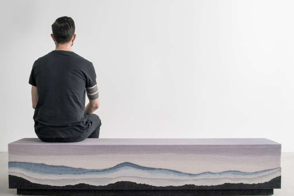 This image shows the “Escape” bench. At the 2017 Salone del Mobile in Milan, there was a focus on soft, organic forms with natural curves, such as the silica, hand-dyed sand and powdered glass furniture from Fernando Mastrangelo.