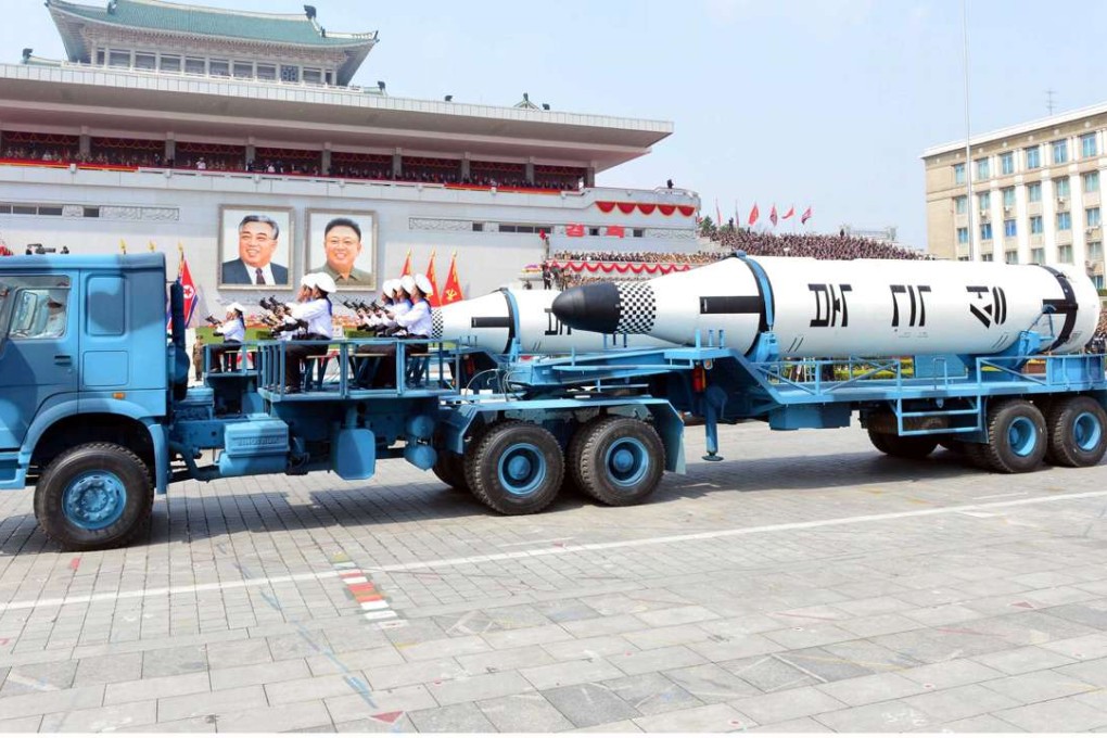 A Sinotruk vehicle carrying a Pukkuksong sub-launched missile during a military parade in Pyongyang last Saturday. Photo: Reuters