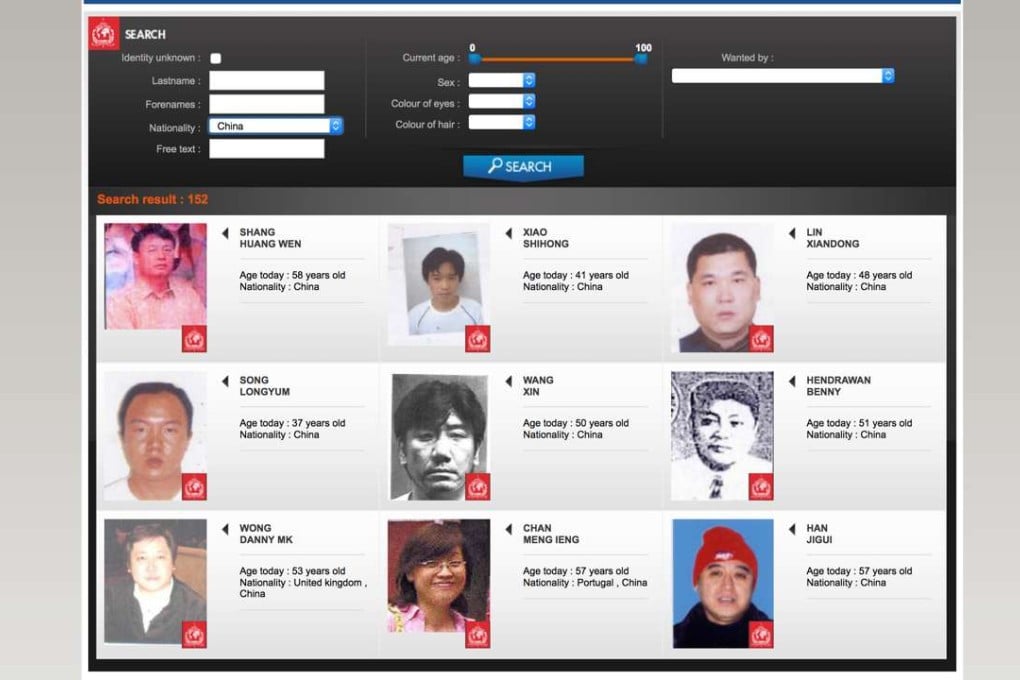 A screen grab from the Interpol website shows some of the Chinese citizens for whom red notices have been issued. Photo: Handout