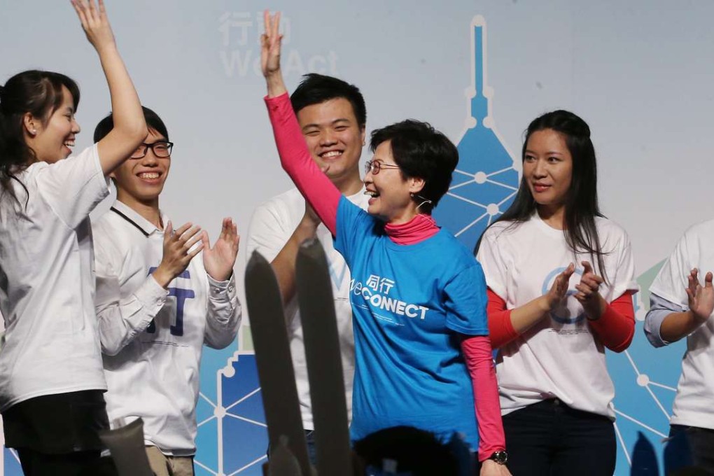 Carrie Lam Cheng Yuet-ngor shares the stage with young people on her campaign team, during her election run. Photo: Sam Tsang