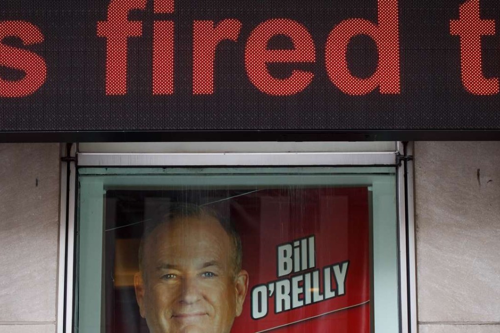 An image of Bill O’Reilly is seen at Fox News headquarters in Midtown Manhattan. The host of the top-rated show is said to be getting up to US$25 million to leave the company following numerous claims of sexual harassment and subsequent legal settlements. Photo: AFP