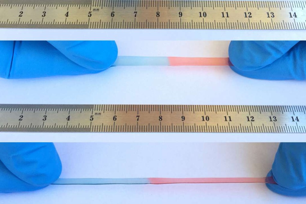 Doctoral student Chao Wang and his team at University of California, Riverside have created a new material that stretches up to 50 times its size. The material, modelled on the properties of human skin, can heal itself. In theory that could make wearable devices impossible to break. Photo: Wang Lab